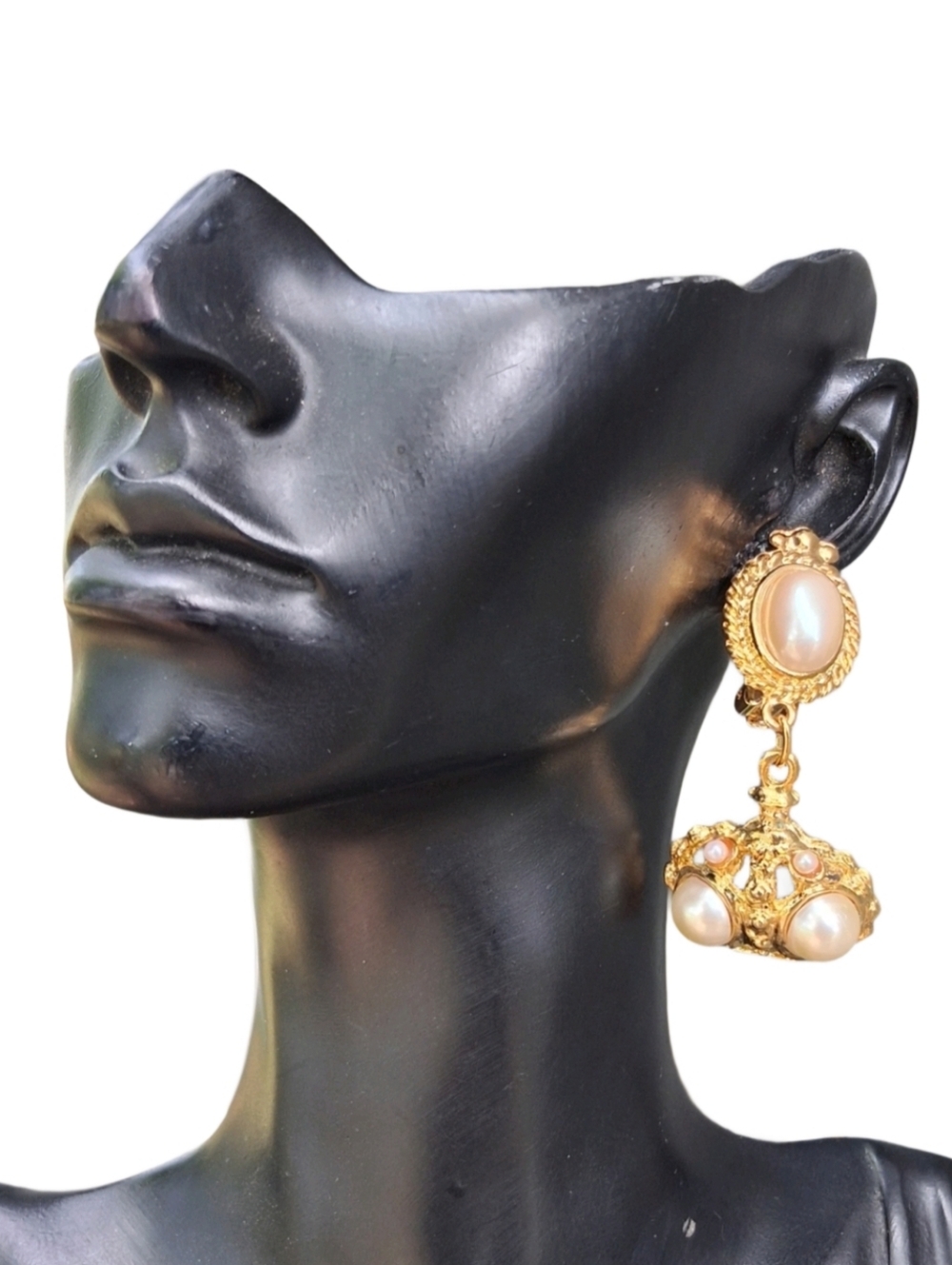 Vintage Gold Crown Pearl Drop Earrings Regency Baroque Statement Clip On